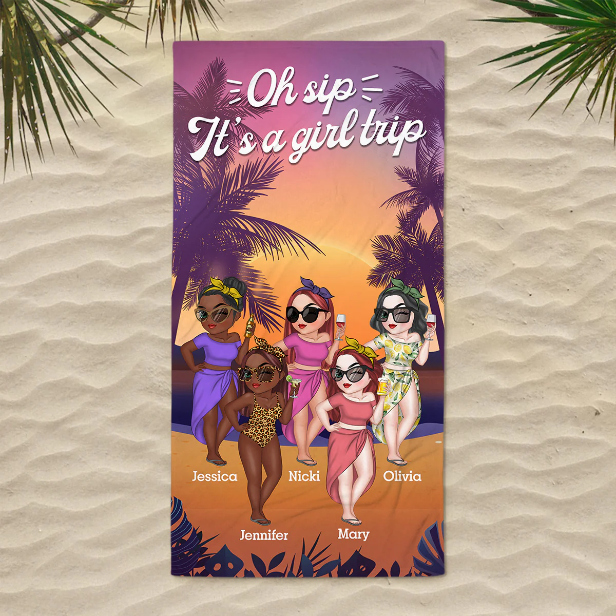 Oh Sip Its A Girl Trip - Personalized Custom Beach Towel - Image 3