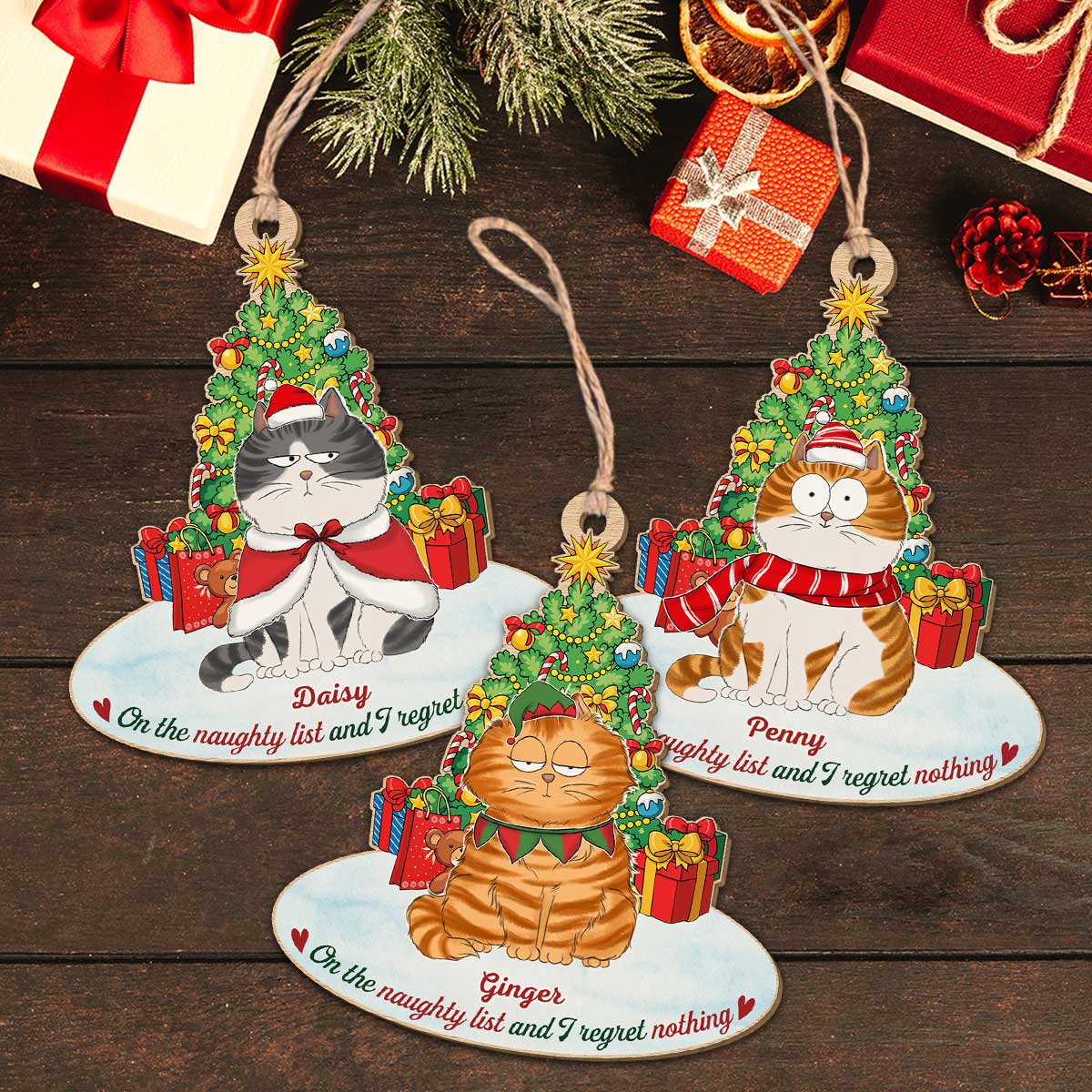 On The Naughty List Cat - Personalized Custom Wood Ornament