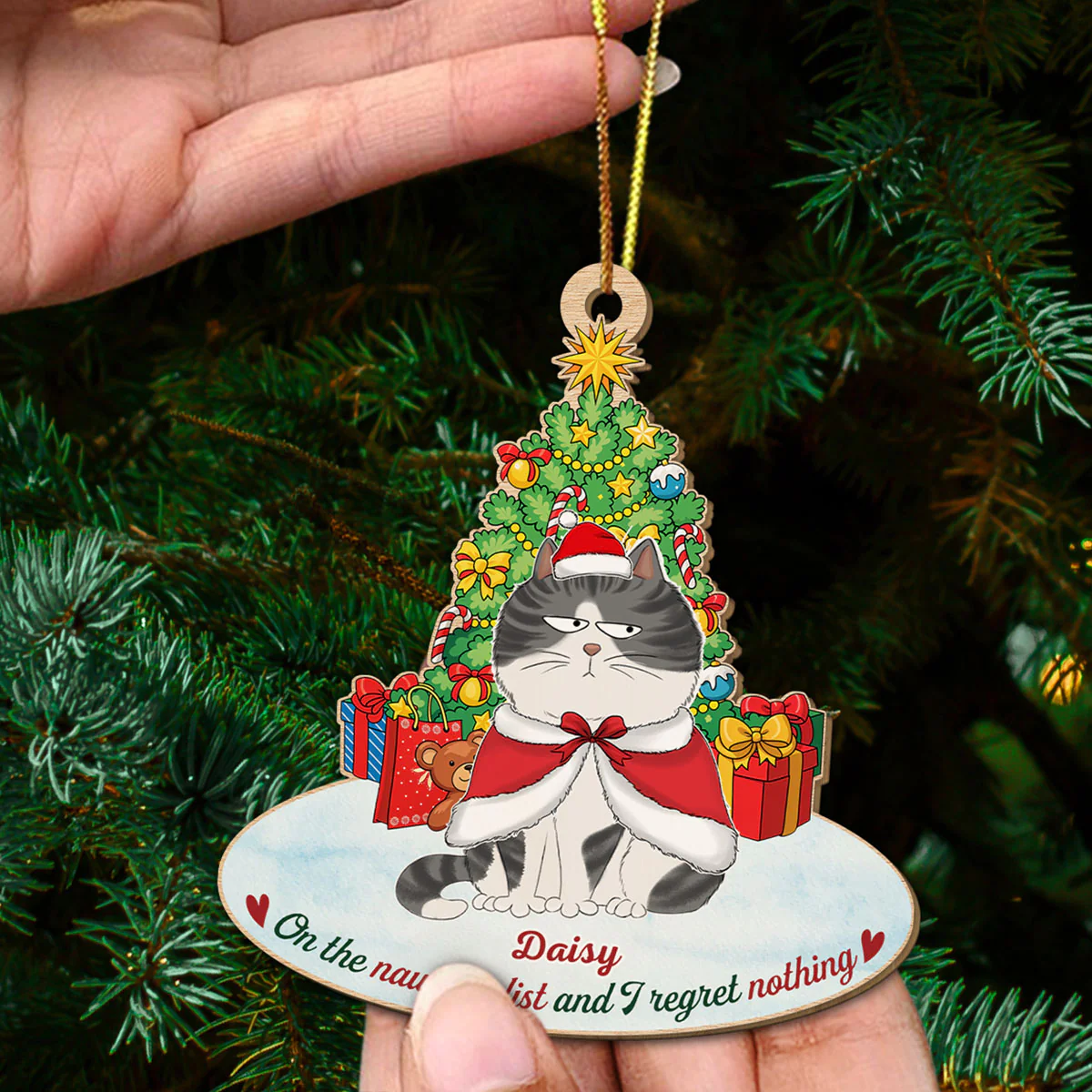 On The Naughty List Cat - Personalized Custom Wood Ornament - Image 5