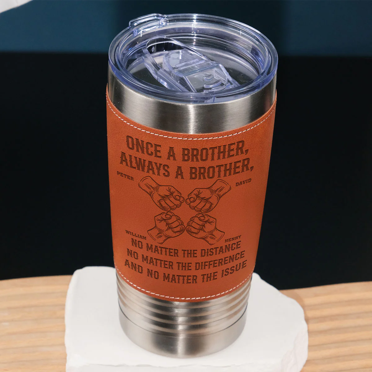 Once A Brother - Personalized Custom Engraved Leather Tumbler - Image 2