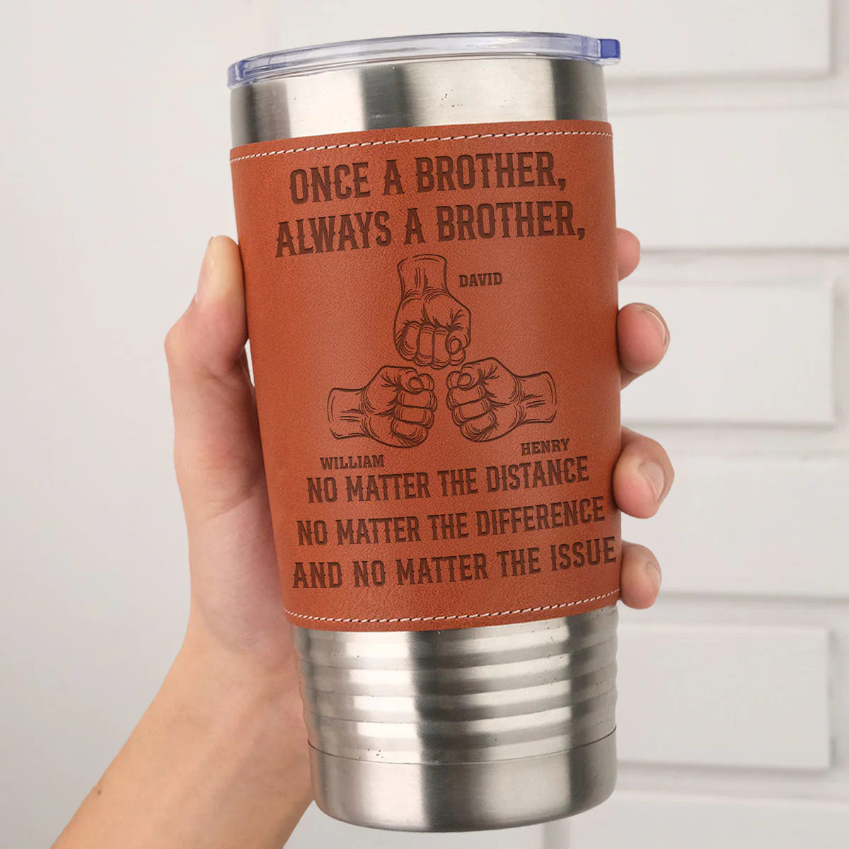 Once A Brother - Personalized Custom Engraved Leather Tumbler - Image 5