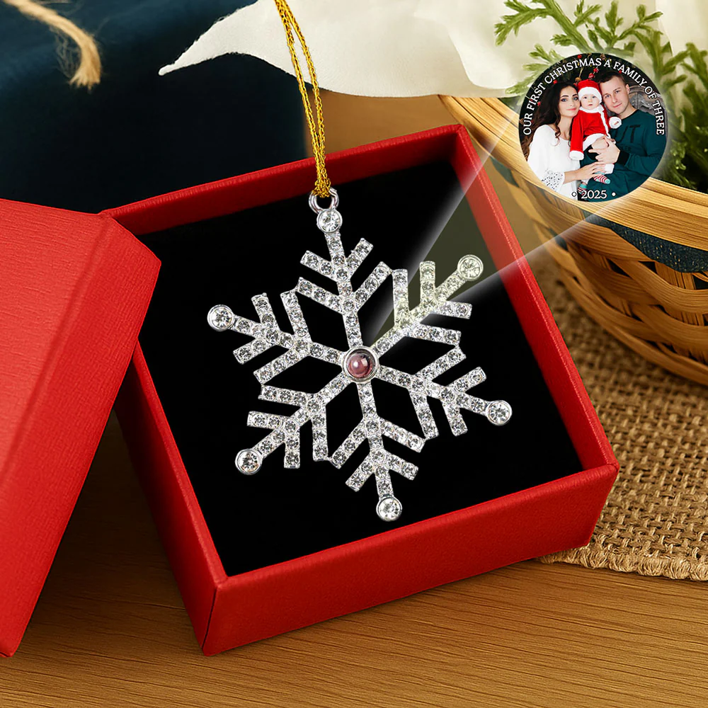 Our First Christmas As A Family - Personalized Custom Photo Snowflake Projection Ornament - Image 3