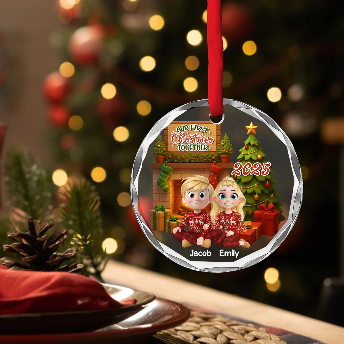 Our First Christmas Couple - Personalized Custom Glass Ornament - Image 4
