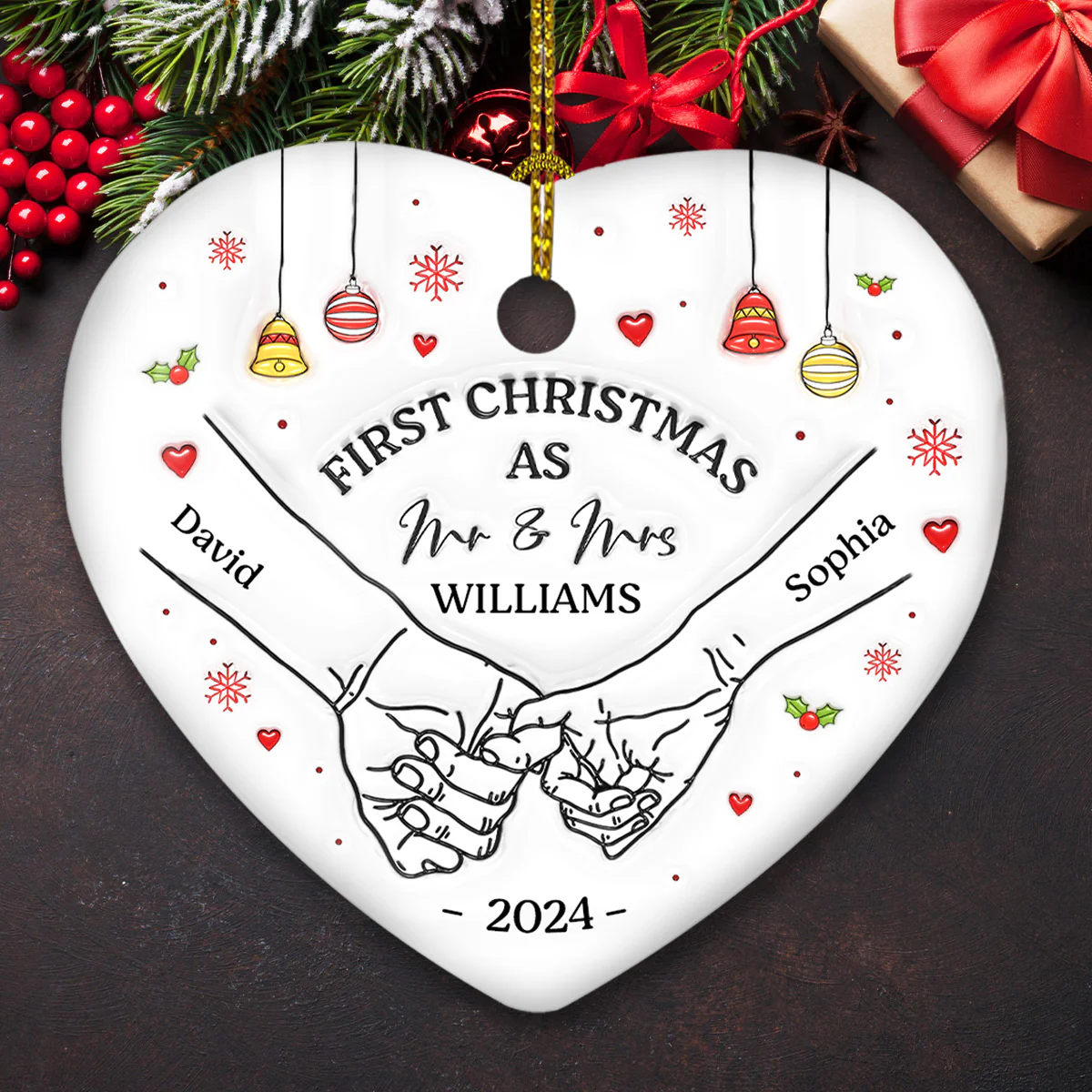 Our First Christmas Heart - Personalized Custom 3D Inflated Effect Heart Ceramic Ornament - Image 3