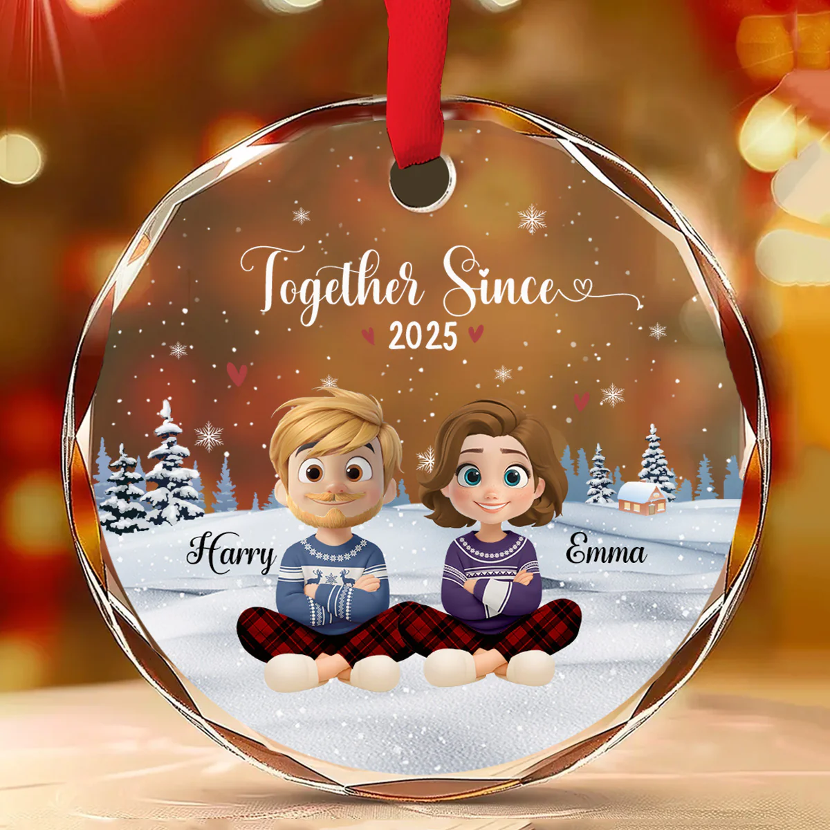Our First Christmas Together Cartoonize - Personalized Custom Glass Ornament - Image 2