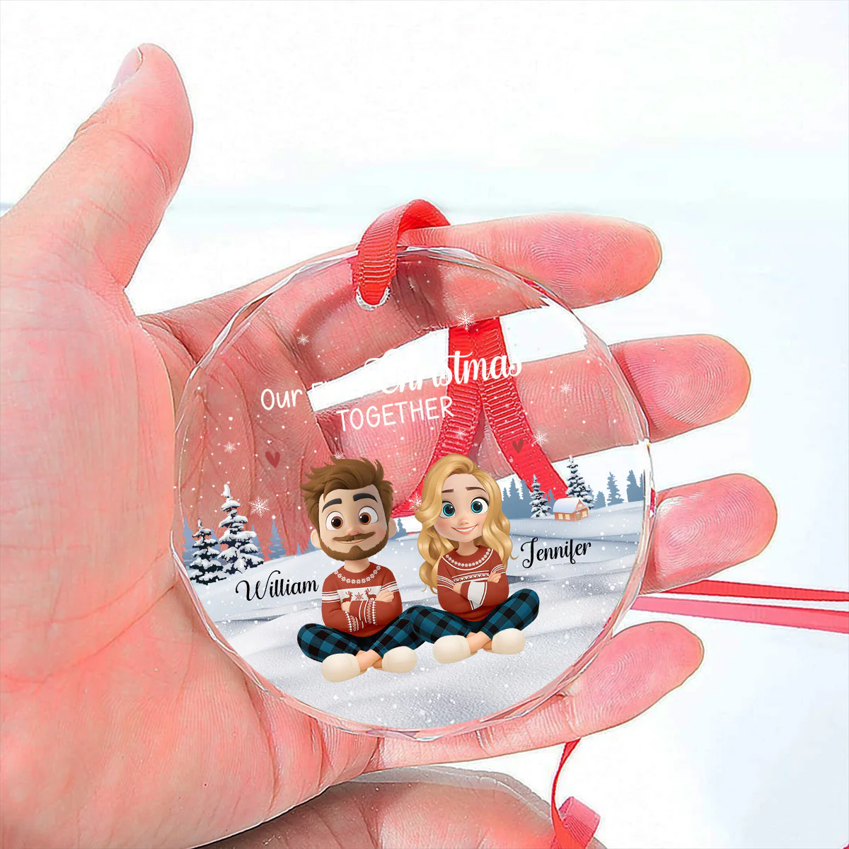 Our First Christmas Together Cartoonize - Personalized Custom Glass Ornament - Image 3