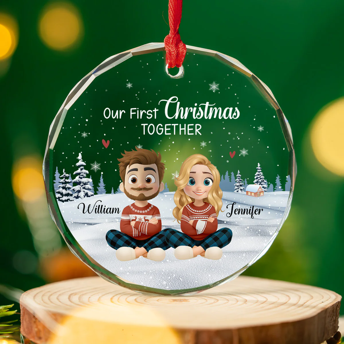 Our First Christmas Together Cartoonize - Personalized Custom Glass Ornament - Image 5