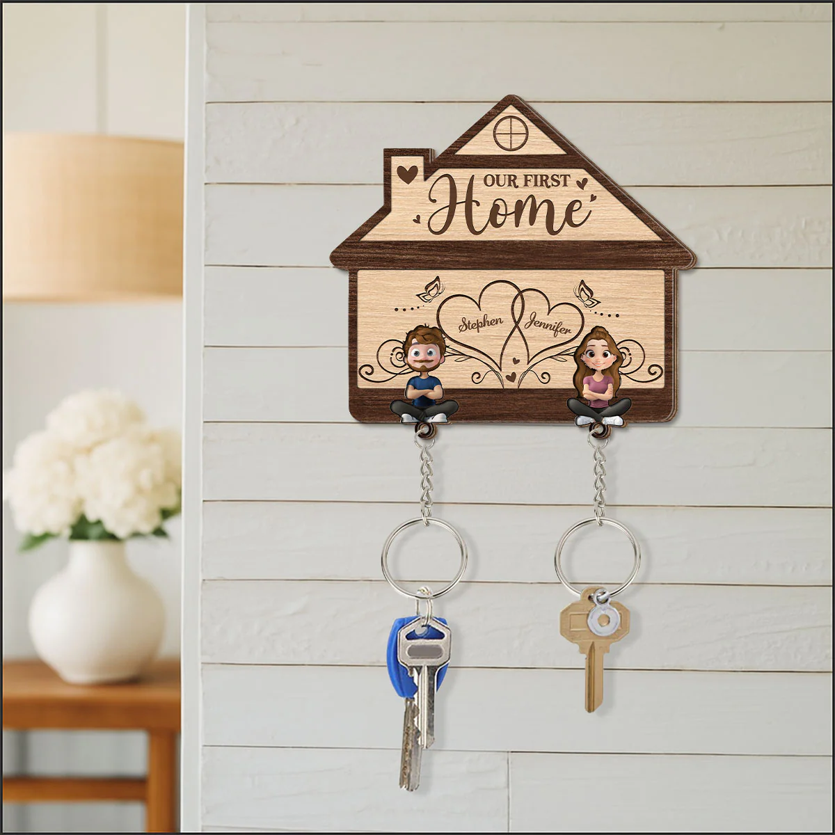 Our First Home - Personalized Wooden Key Holder With Keychain - Image 3