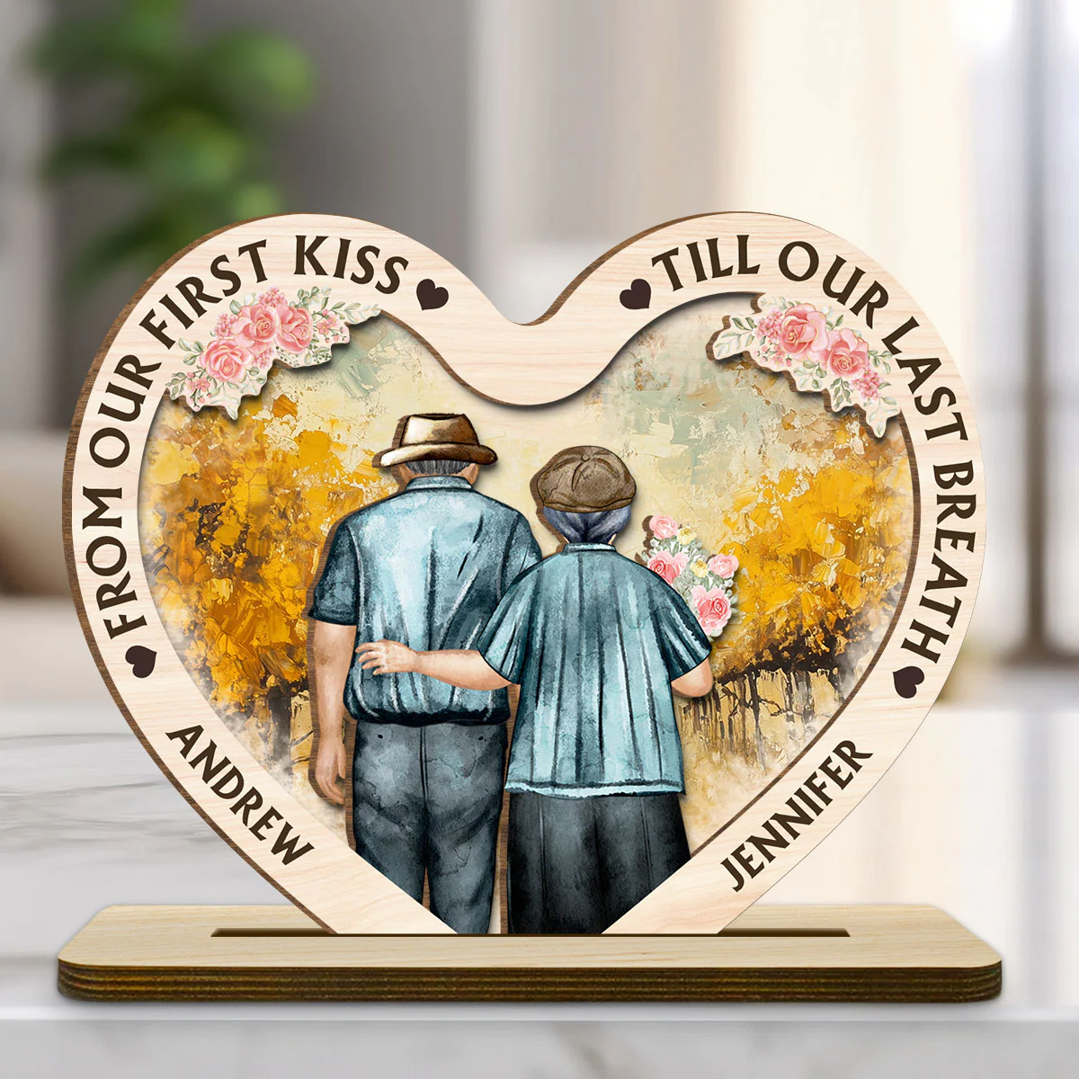 Our First Kiss - Personalized Custom 2-Layer Wood Plaque With Flat Base - Image 6