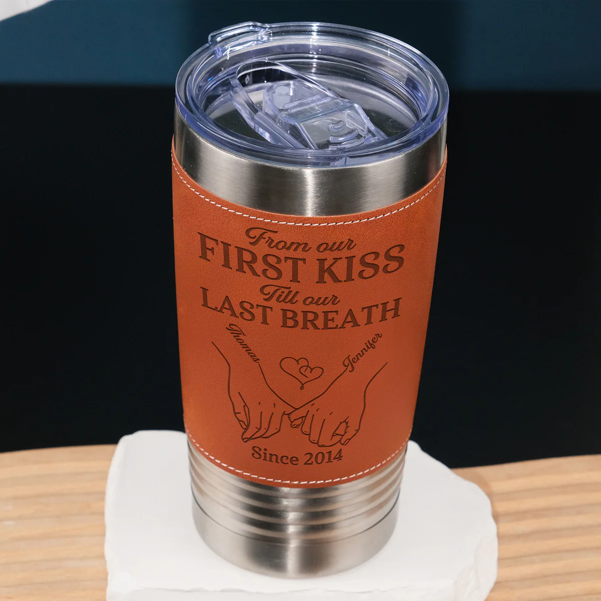 Our First Kiss - Personalized Custom Engraved Leather Tumbler - Image 5