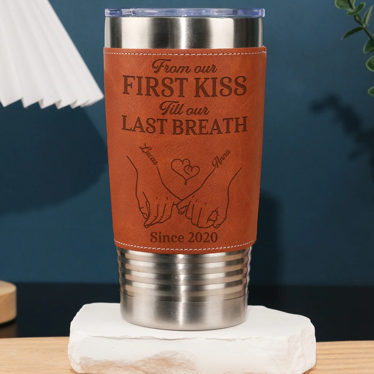 Our First Kiss - Personalized Custom Engraved Leather Tumbler - Image 6