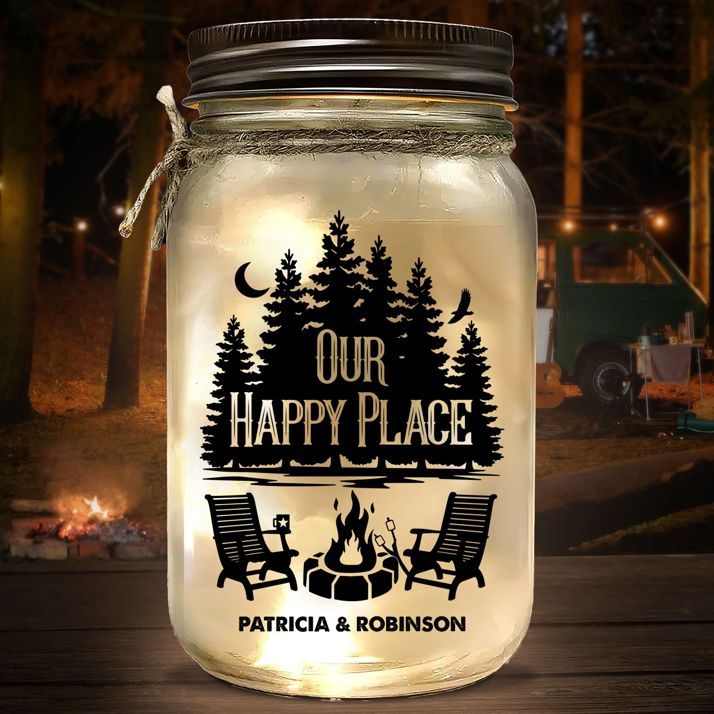 Our Happy Place - Personalized Custom Mason Jar Light