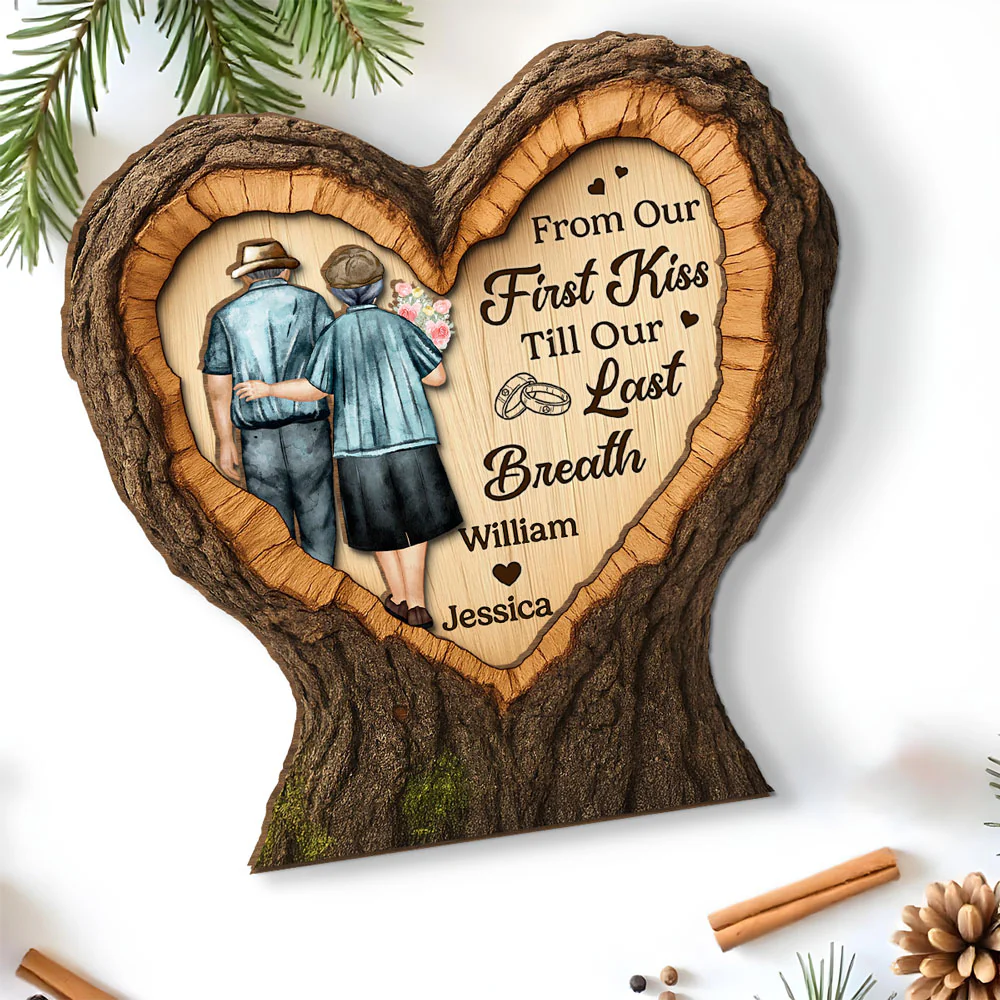 Our Journey Begins With First Kiss - Personalized Custom 2-Layer Wood Plaque With Flat Base - Image 2