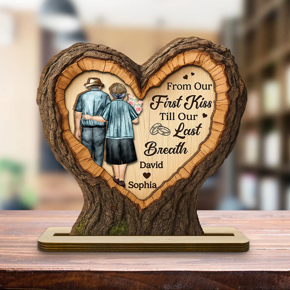 Our Journey Begins With First Kiss - Personalized Custom 2-Layer Wood Plaque With Flat Base - Image 3