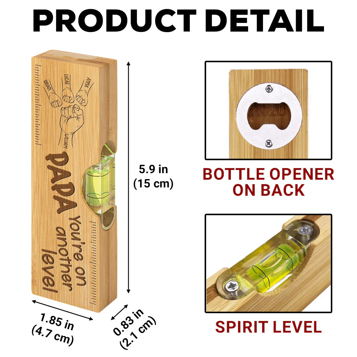 Papa Fist Bump - Personalized Custom Engraved Wooden Spirit Level Bottle Opener - Image 5