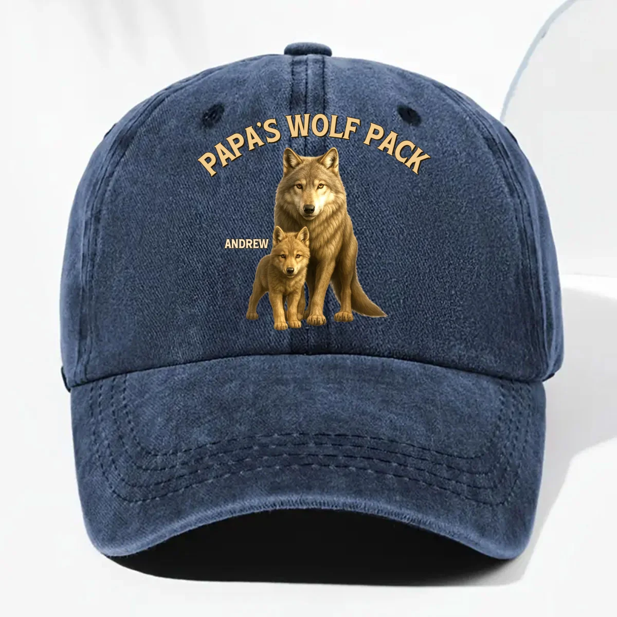 Papa’s Wolf Pack - Personalized Custom Vintage Washed Denim Cap - Image 8