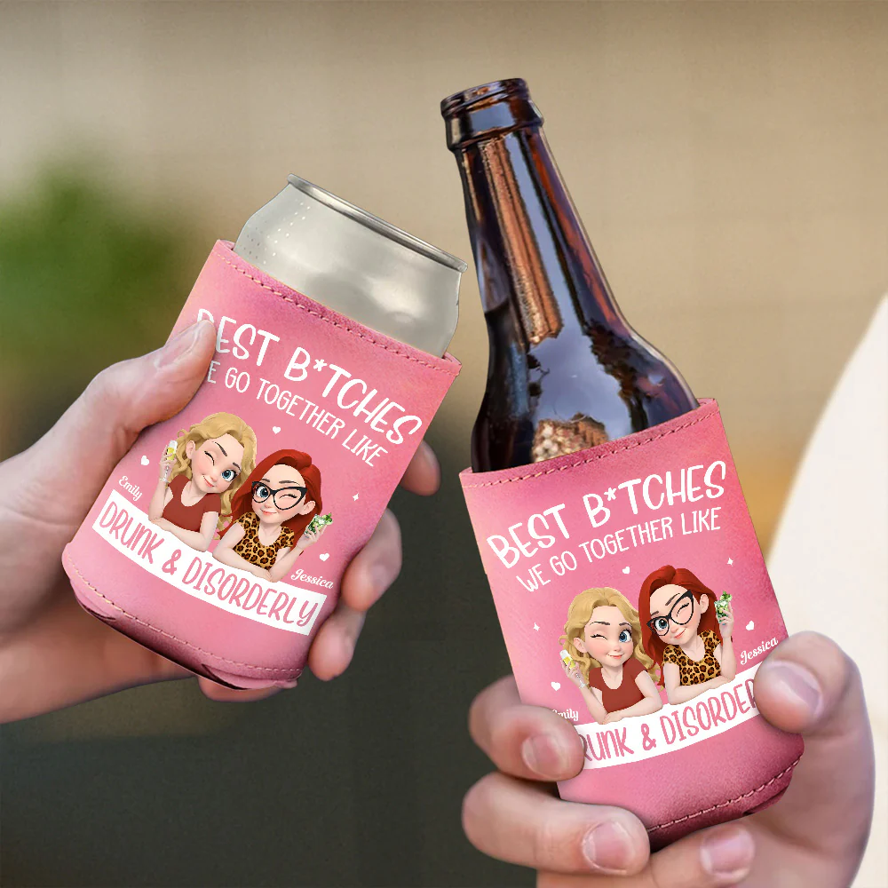 Partners In Wine - Personalized Custom Pink Leather Can Cooler Holder - Image 3