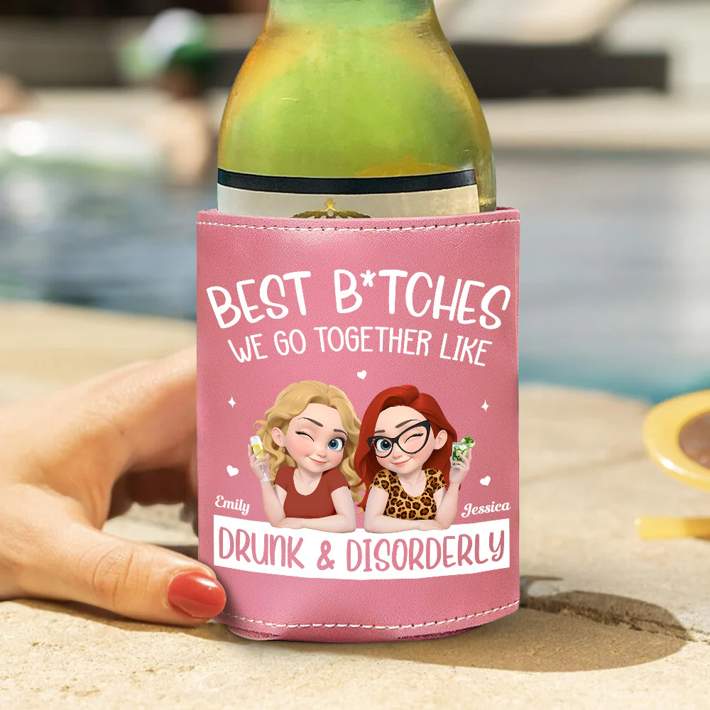 Partners In Wine - Personalized Custom Pink Leather Can Cooler Holder - Image 4