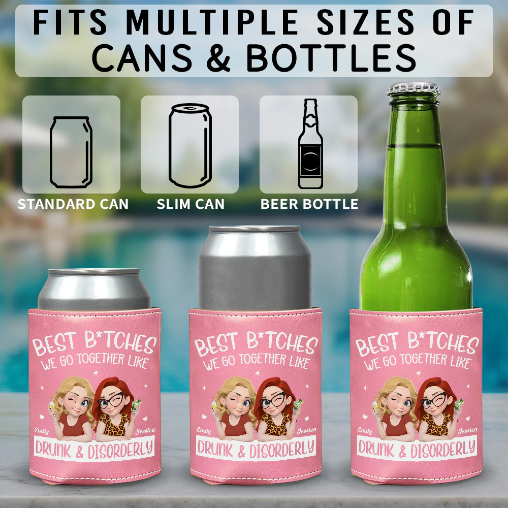 Partners In Wine - Personalized Custom Pink Leather Can Cooler Holder - Image 5
