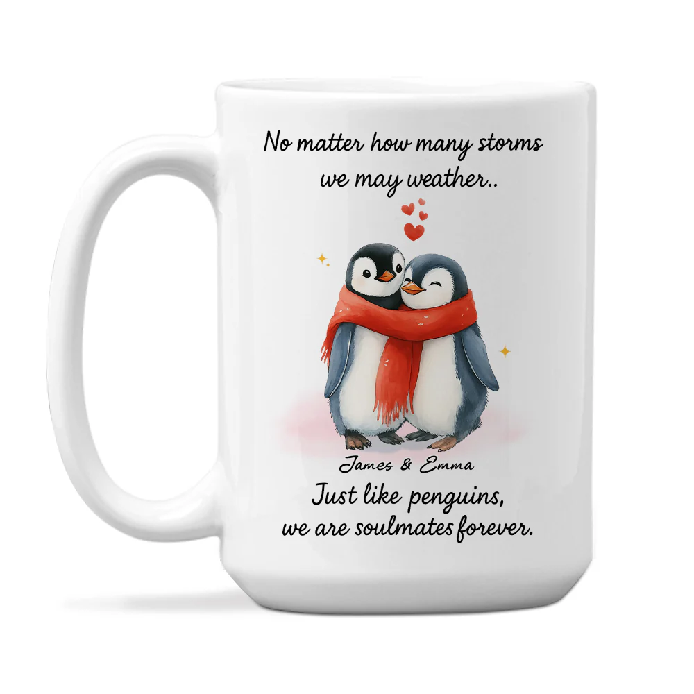 Penguin Couple Soulmates Forever - Personalized Custom Coffee Mug - Image 2