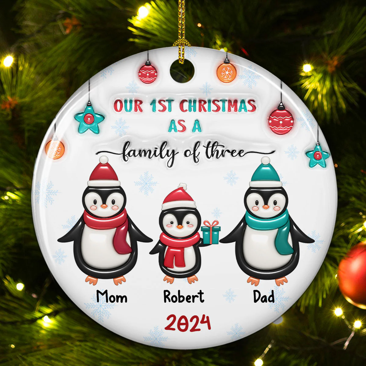 Penguin Family - Personalized Custom 3D Inflated Effect Ceramic Ornament - Image 3