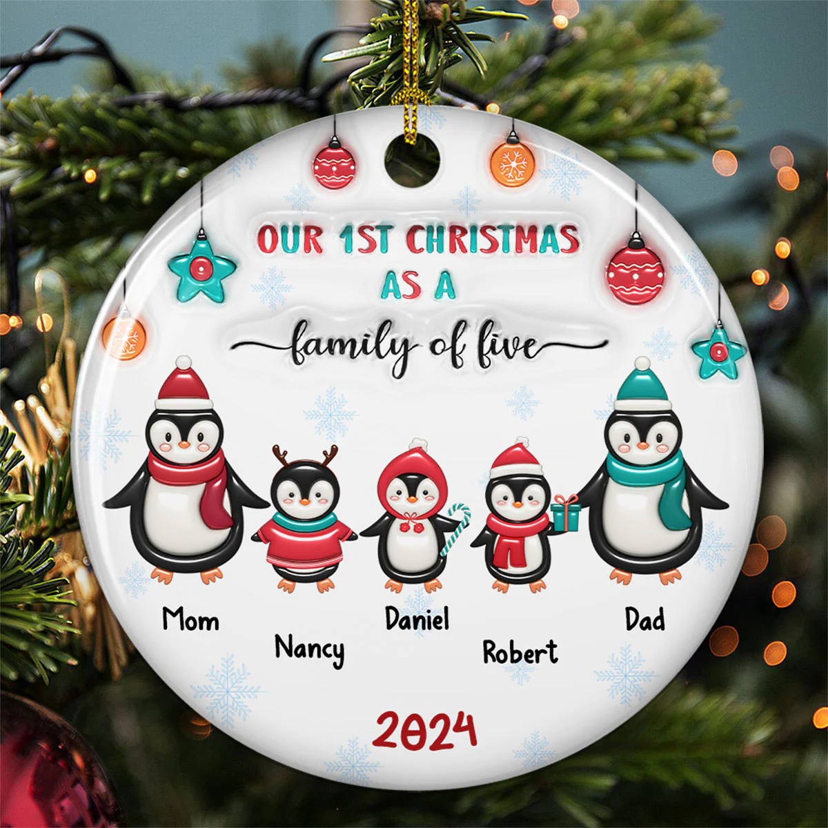 Penguin Family - Personalized Custom 3D Inflated Effect Ceramic Ornament - Image 4