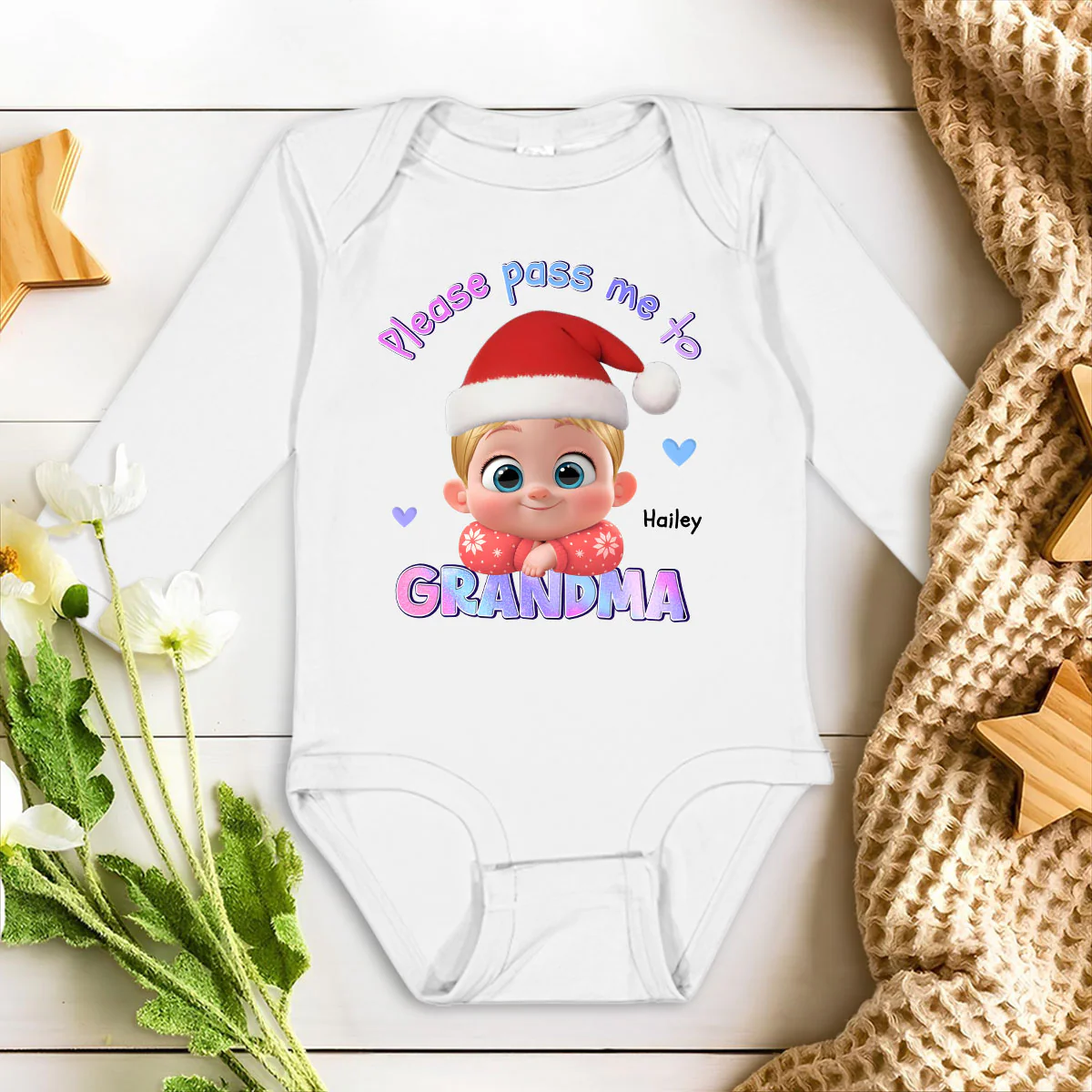 Please Pass Me To Grandma - Personalized Custom Long Sleeve Baby OnesieĀ - Image 3