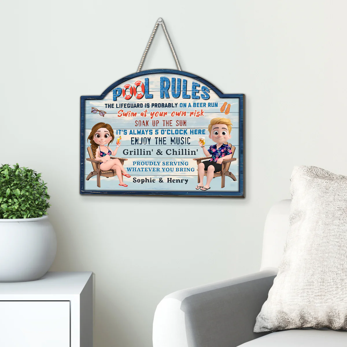 Pool Rules Swim At Your Own Risk Grilling Family - Personalized Custom Wood Sign - Image 2