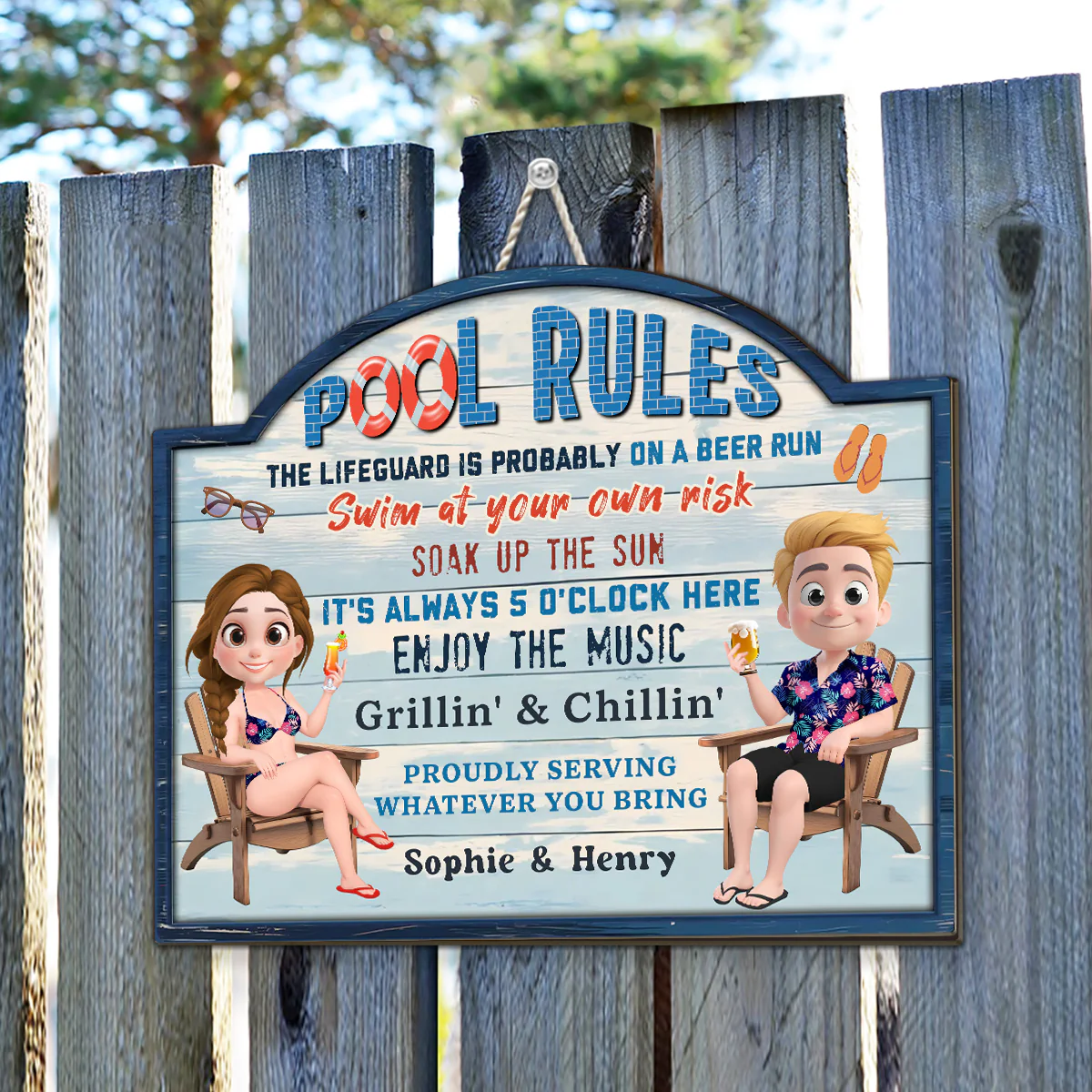 Pool Rules Swim At Your Own Risk Grilling Family - Personalized Custom Wood Sign - Image 3