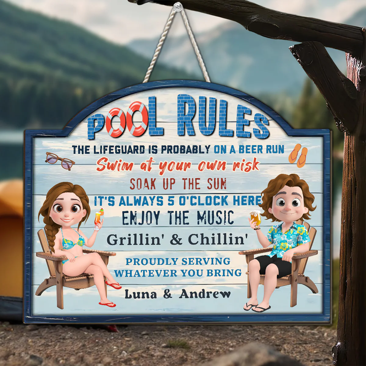 Pool Rules Swim At Your Own Risk Grilling Family - Personalized Custom Wood Sign - Image 4