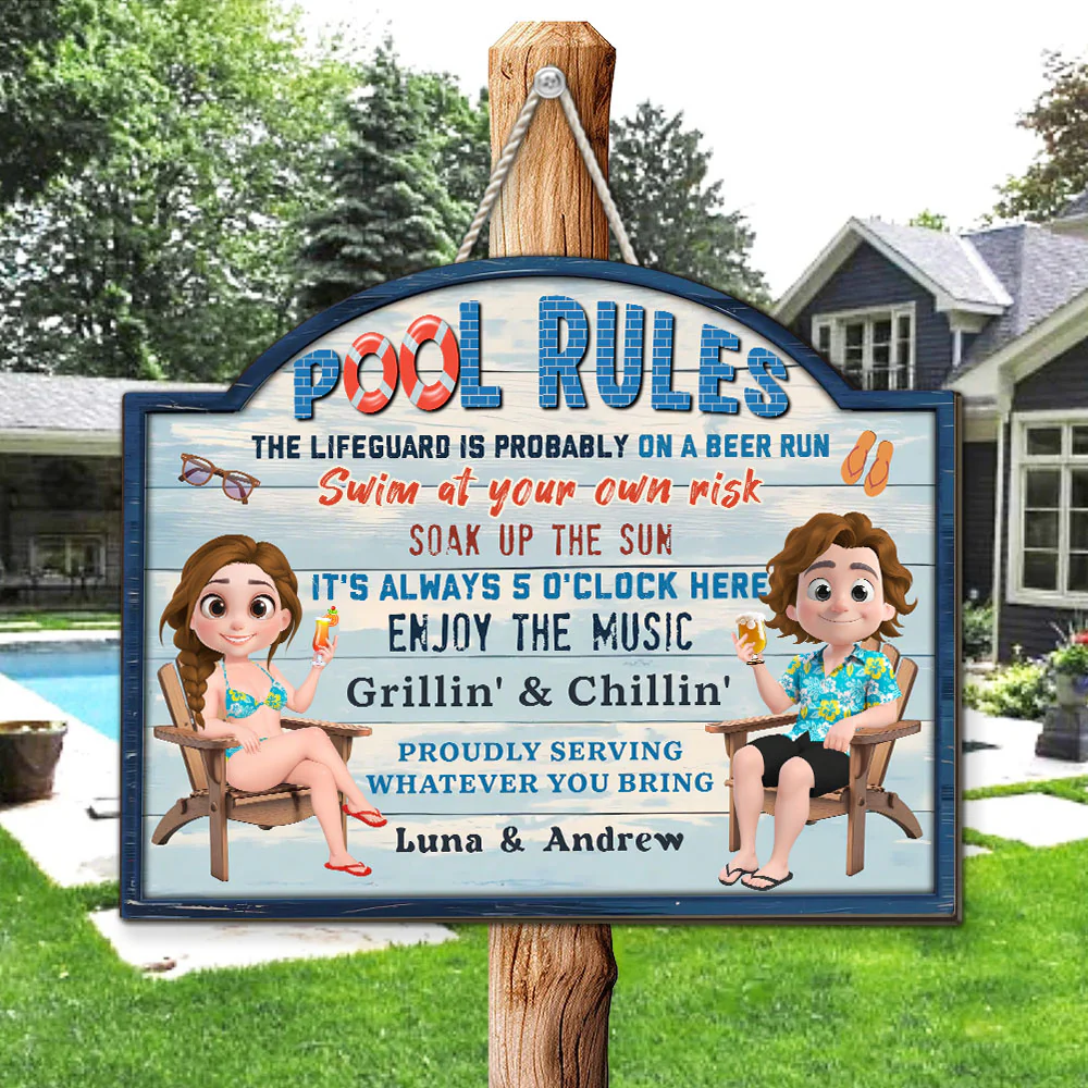 Pool Rules Swim At Your Own Risk Grilling Family - Personalized Custom Wood Sign - Image 5