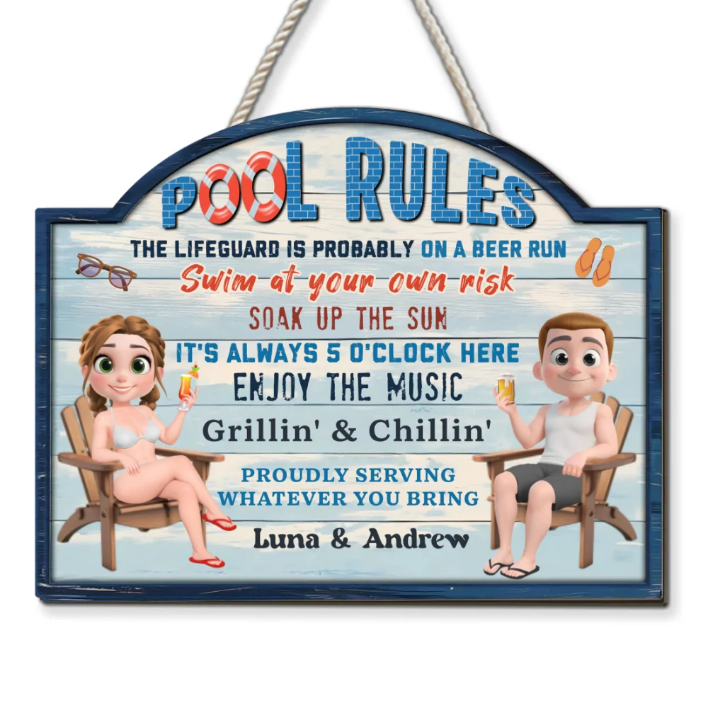 Pool Rules Swim At Your Own Risk Grilling Family - Personalized Custom Wood Sign - Image 7