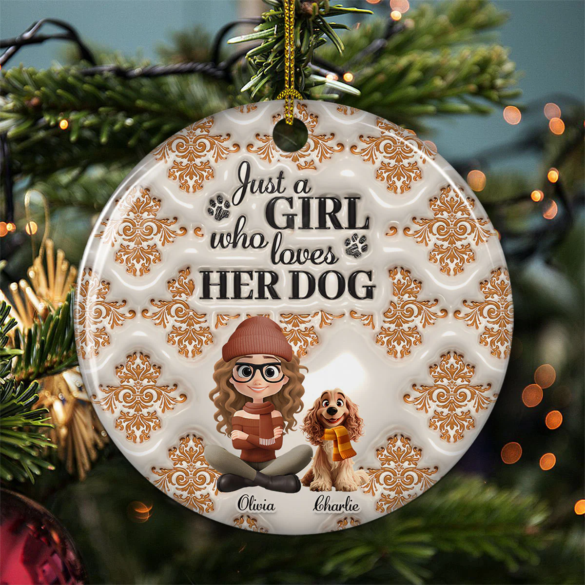 Pumskin Girl And Dog - Personalized Custom 3D Inflated Effect Ceramic Ornament - Image 3