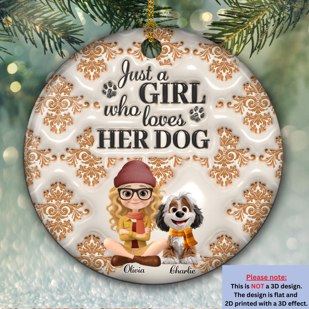 Pumskin Girl And Dog - Personalized Custom 3D Inflated Effect Ceramic Ornament - Image 5