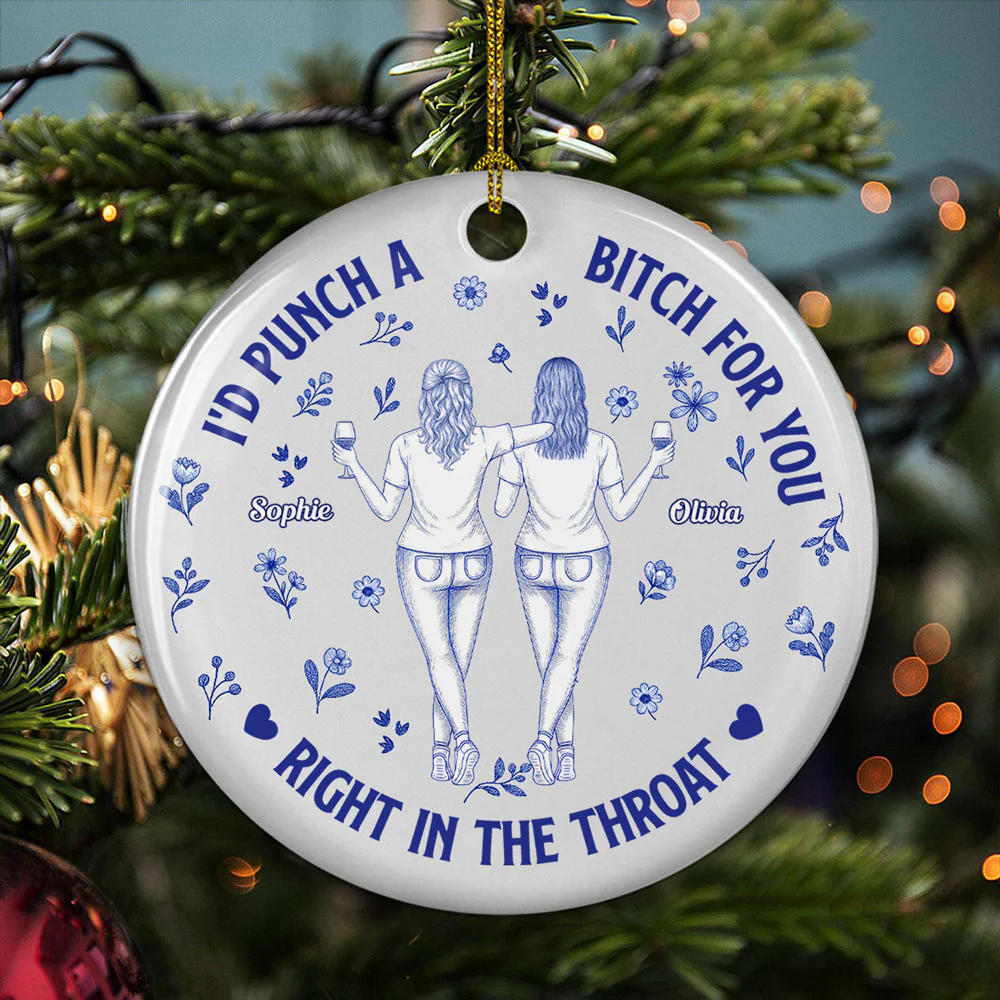 Punch Bitch Besties Blue Toile - Personalized Custom Ceramic Ornament - Image 4