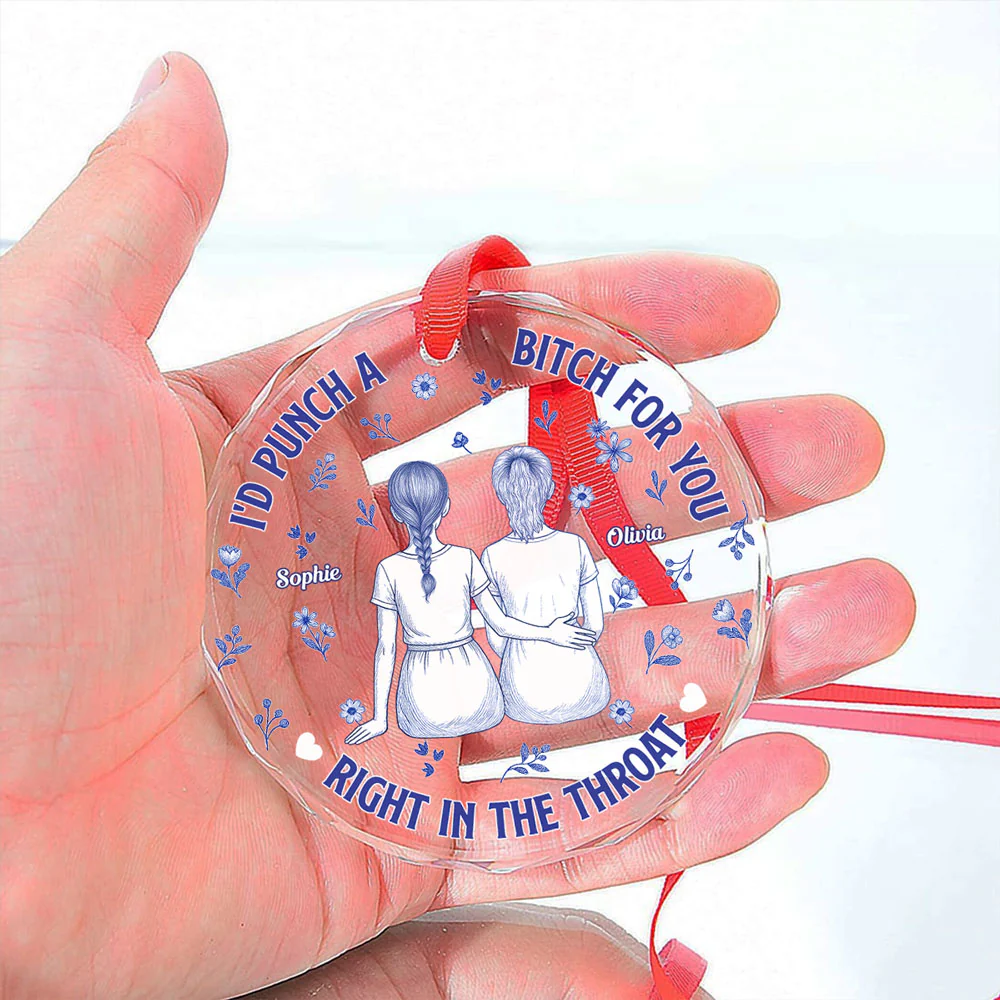 Punch Bitch Besties Blue Toile - Personalized Custom Glass Ornament - Image 2