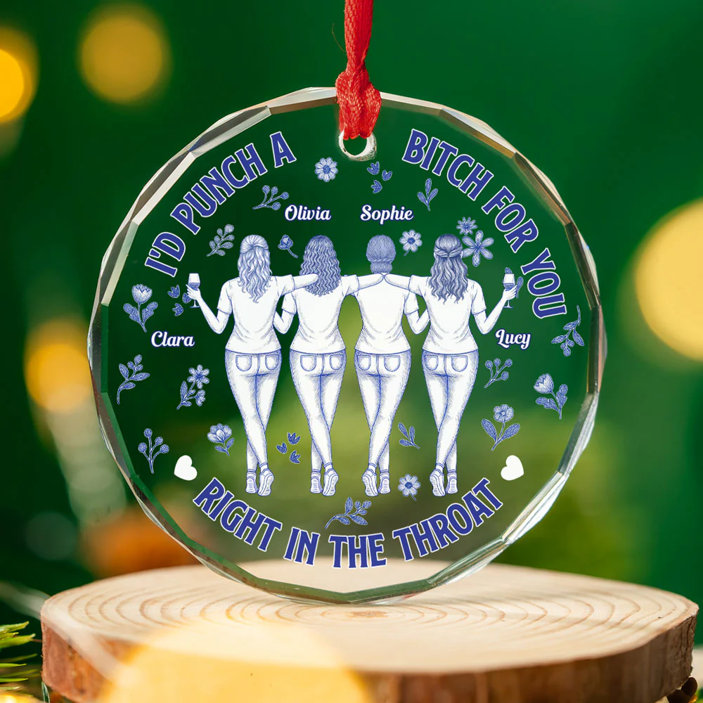 Punch Bitch Besties Blue Toile - Personalized Custom Glass Ornament - Image 3