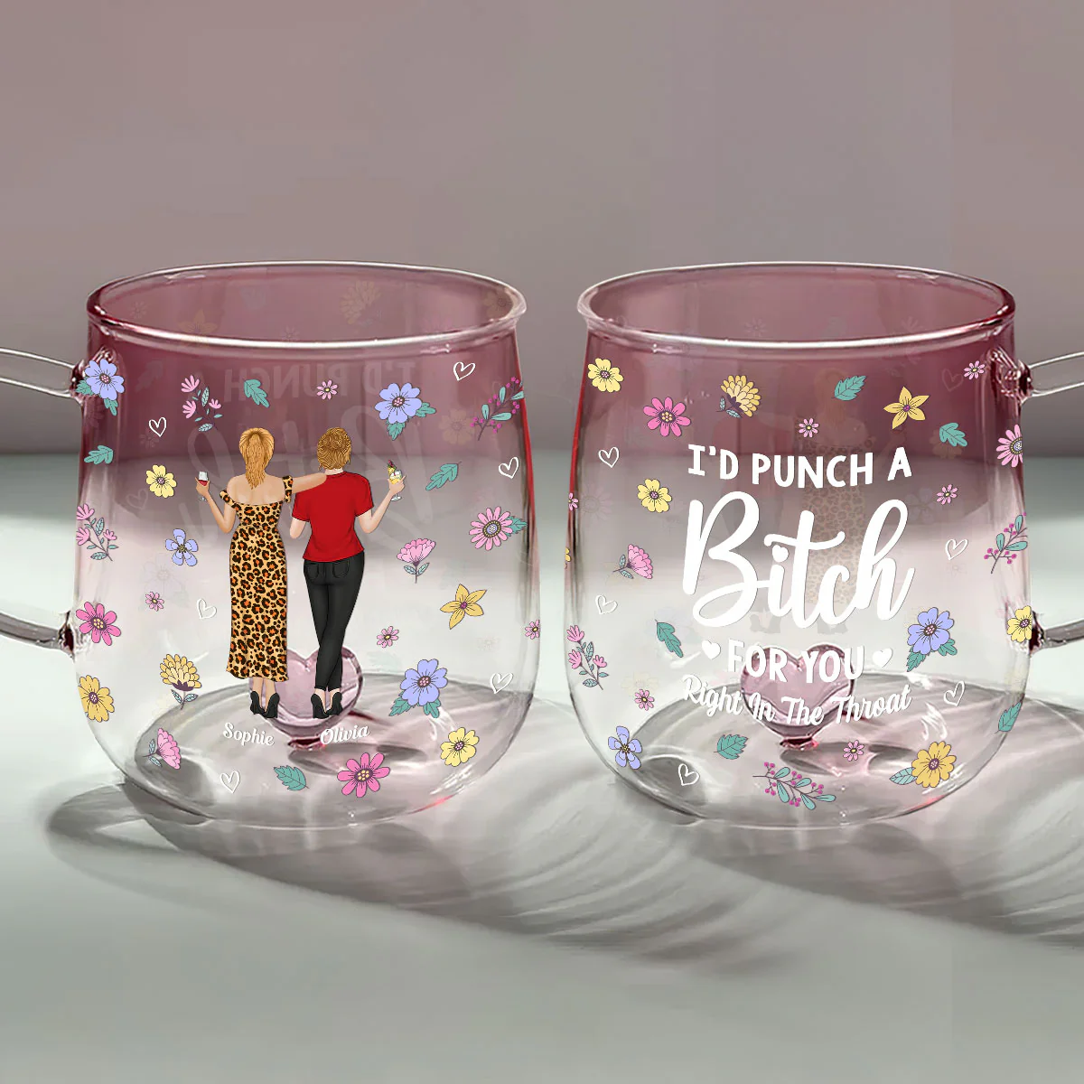 Punch Bitch Besties - Personalized Custom Pink Gradient Glass Mug - Image 3