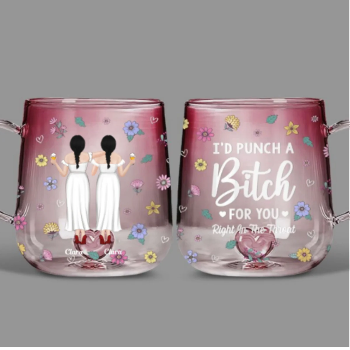 Punch Bitch Besties - Personalized Custom Pink Gradient Glass Mug - Image 5