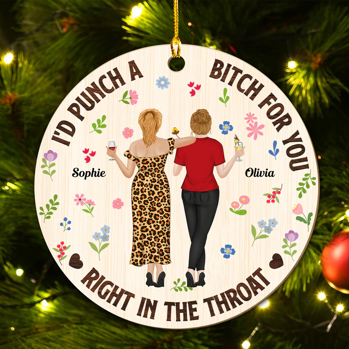Punch Bitch Besties - Personalized Custom Wood Ornament - Image 2