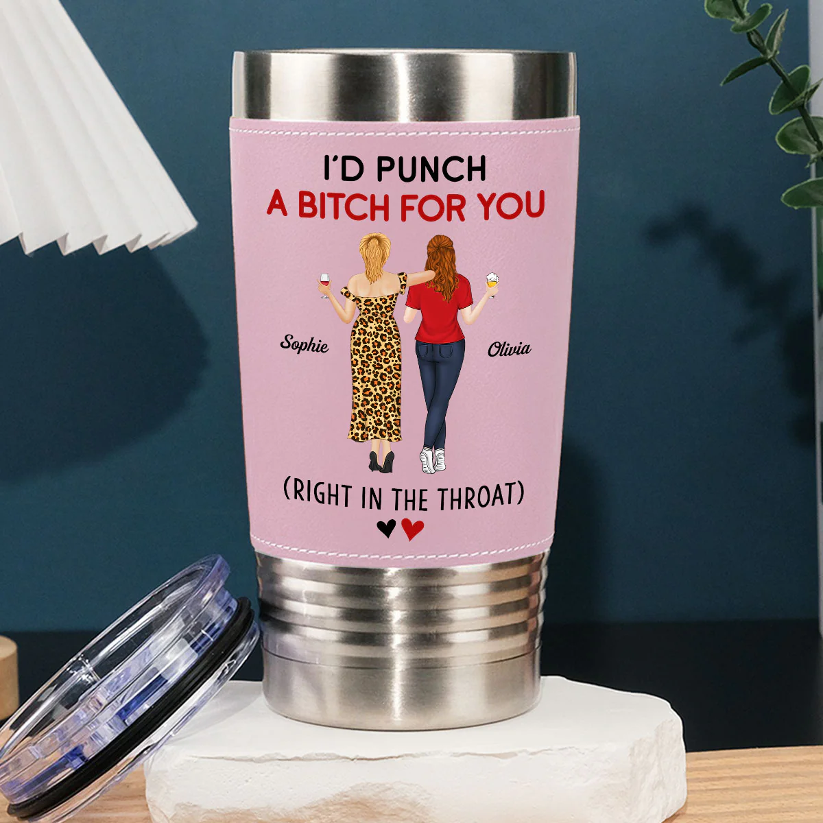 Punch For You - Personalized Custom Pink Leather Tumbler - Image 2
