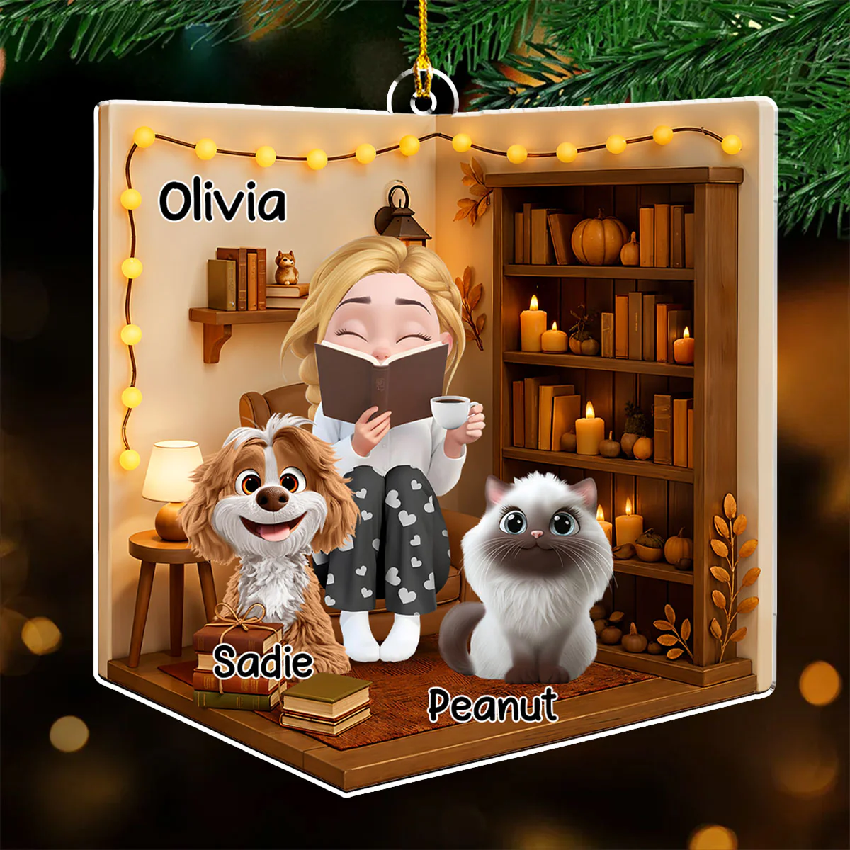 Reading Girly And Her Babies - Personalized Custom 3D Effect Acrylic Ornament - Image 3
