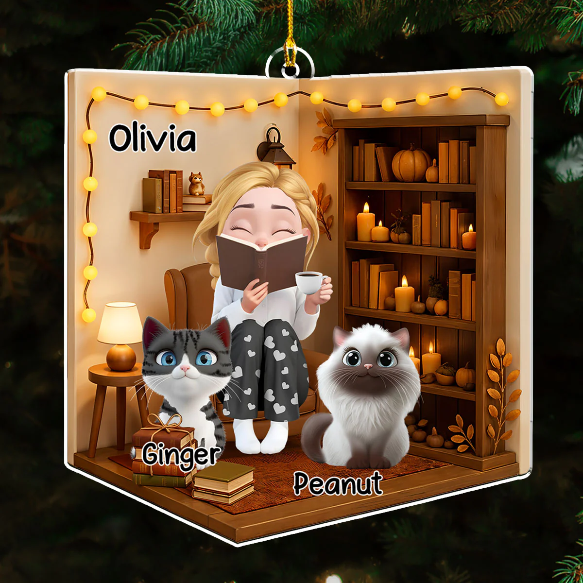 Reading Girly And Her Cats - Personalized Custom 3D Effect Acrylic Ornament