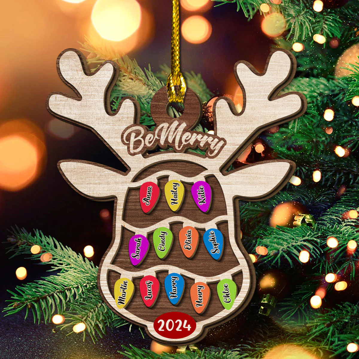 Reindeer Christmas Family Light - Personalized Custom 2-Layered Wood Ornament - Image 2