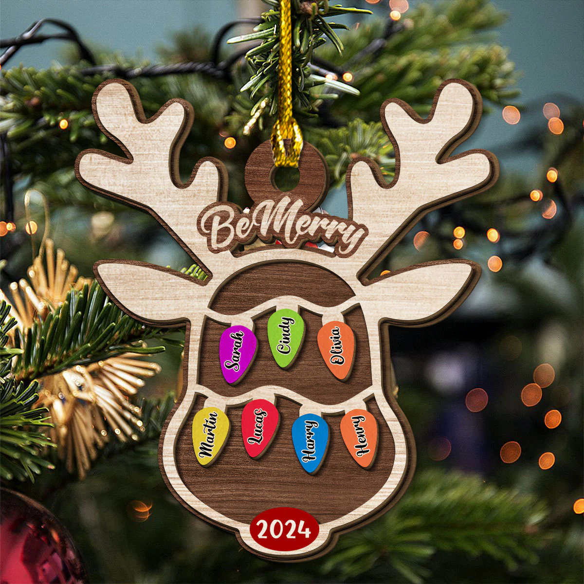 Reindeer Christmas Family Light - Personalized Custom 2-Layered Wood Ornament - Image 3