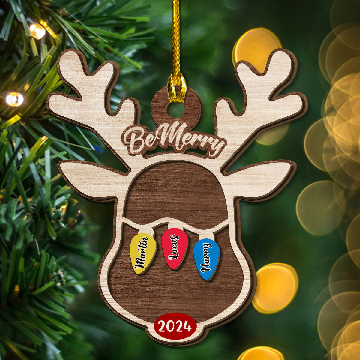 Reindeer Christmas Family Light - Personalized Custom 2-Layered Wood Ornament - Image 4