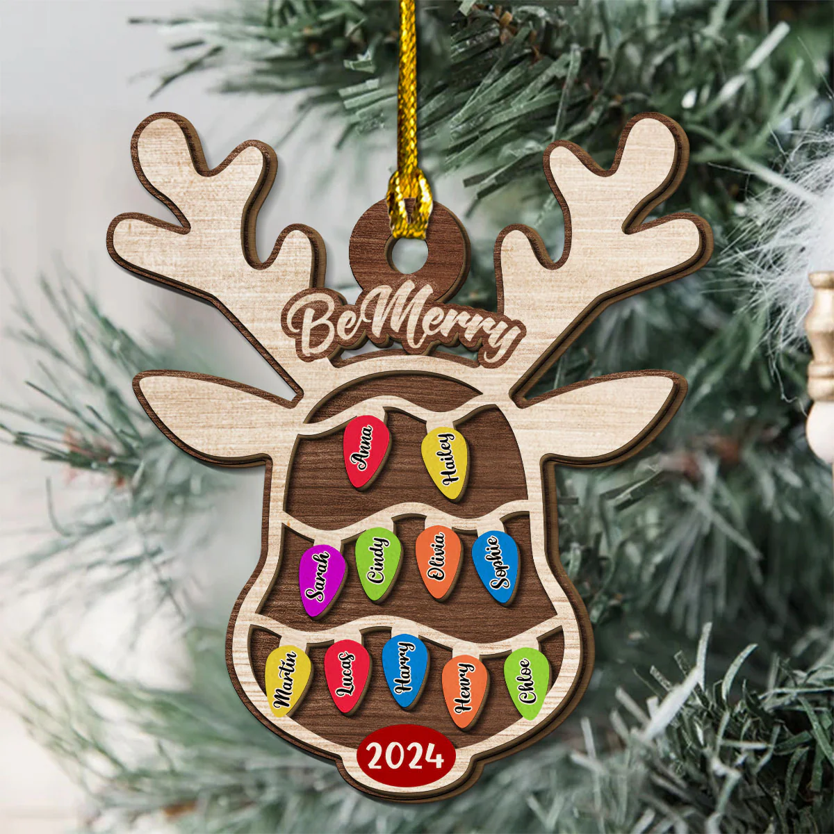 Reindeer Christmas Family Light - Personalized Custom 2-Layered Wood Ornament - Image 5
