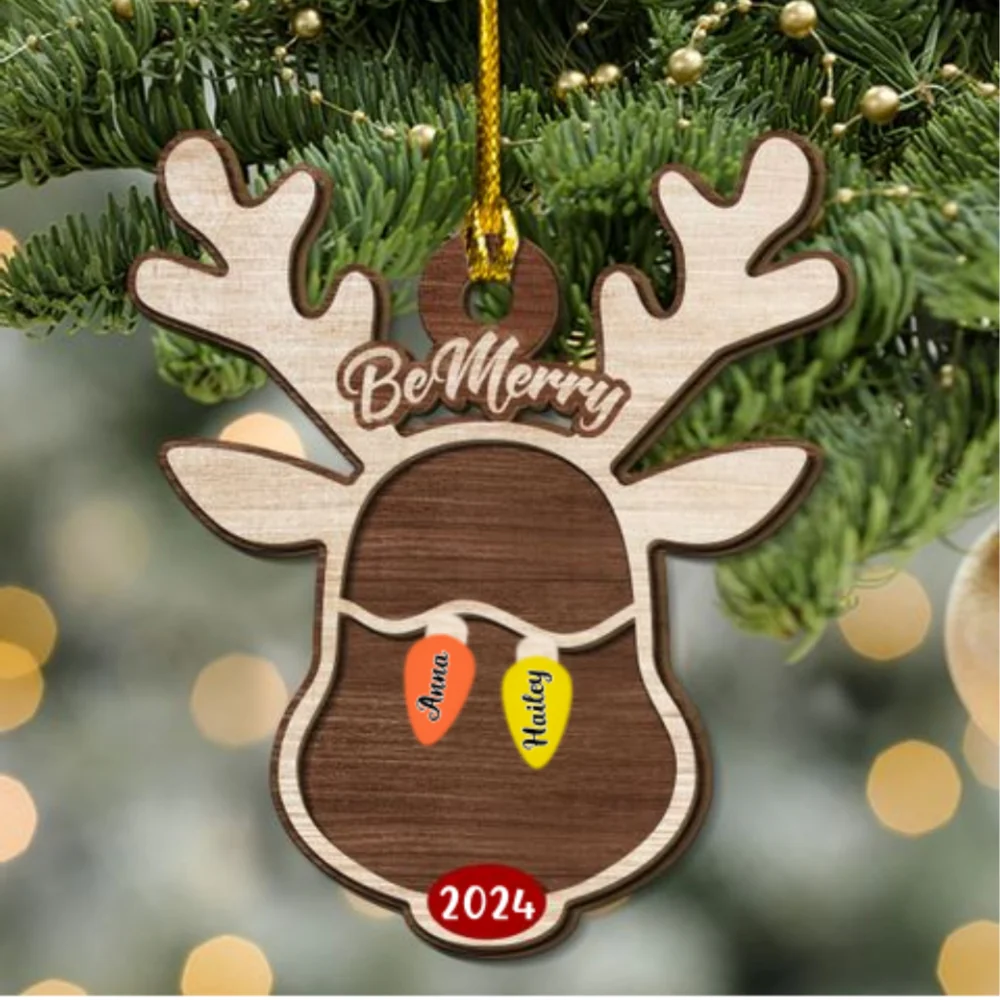 Reindeer Christmas Family Light - Personalized Custom 2-Layered Wood Ornament - Image 6