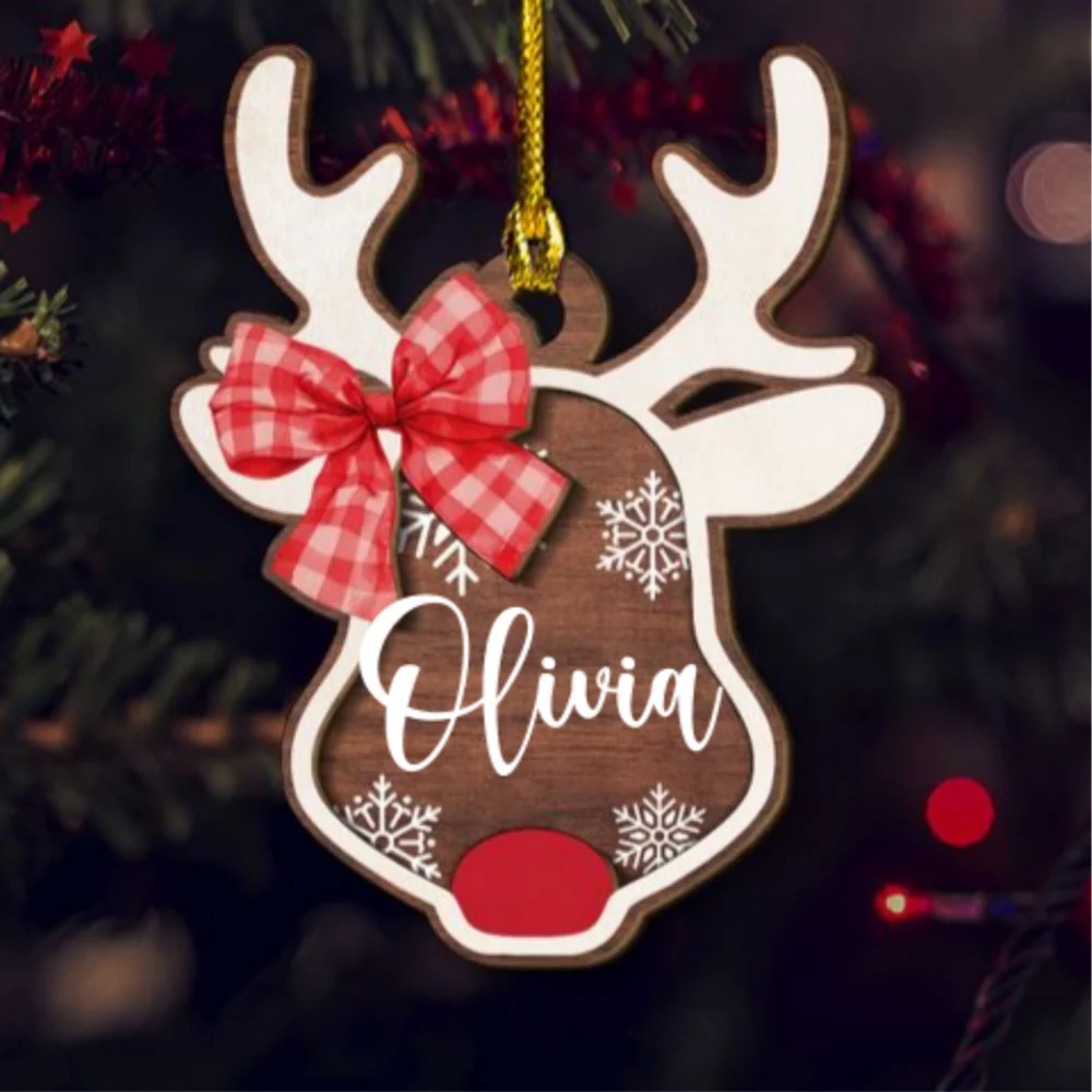 Reindeer Christmas - Personalized Custom 2-Layered Wood Ornament - Image 5