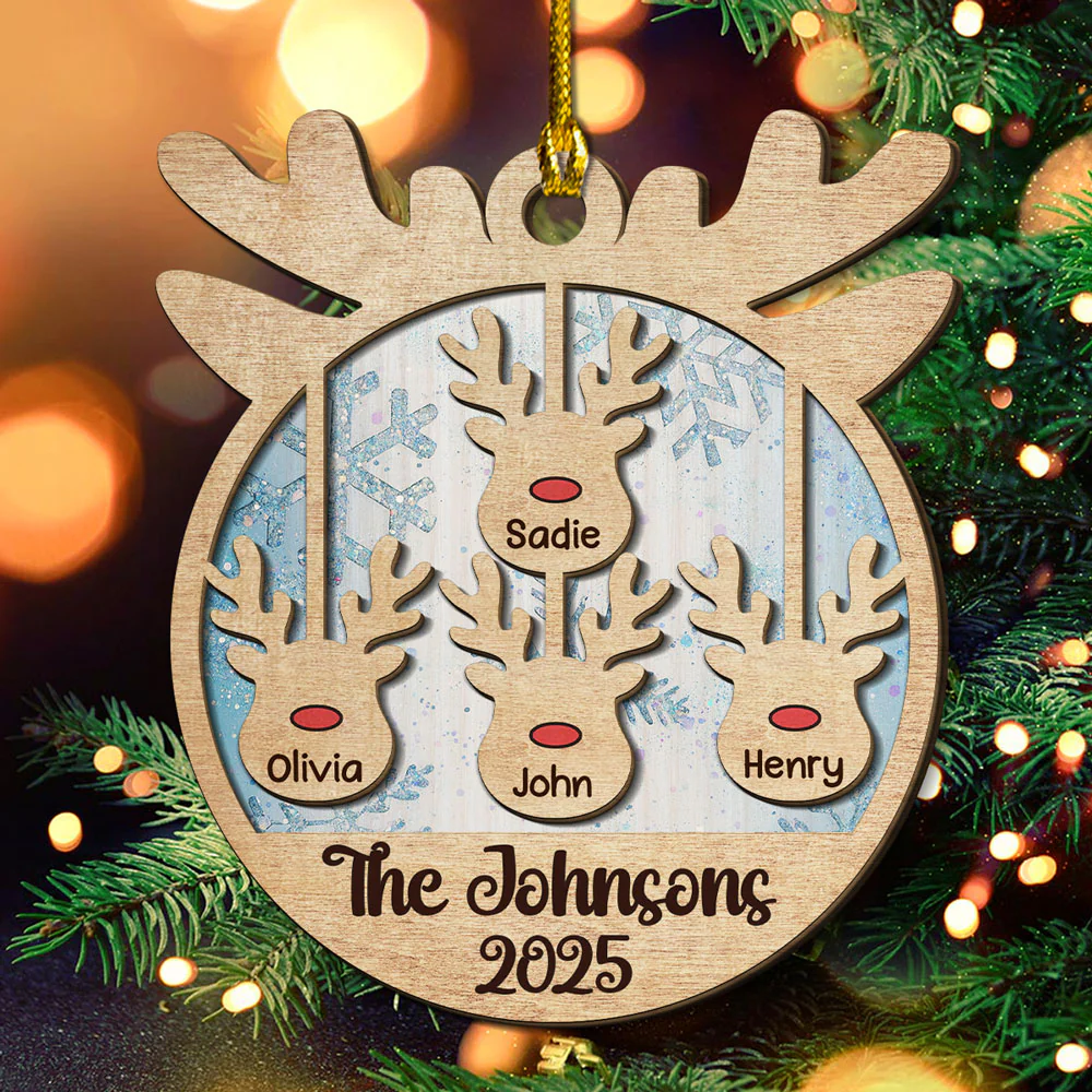 Reindeer Family Name - Personalized Custom 2-Layered Wood Ornament - Image 2